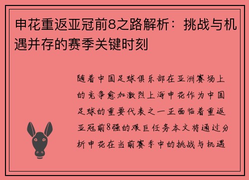申花重返亚冠前8之路解析：挑战与机遇并存的赛季关键时刻