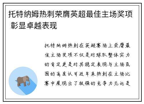 托特纳姆热刺荣膺英超最佳主场奖项 彰显卓越表现