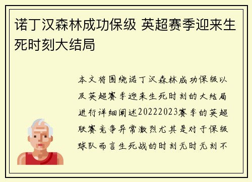 诺丁汉森林成功保级 英超赛季迎来生死时刻大结局